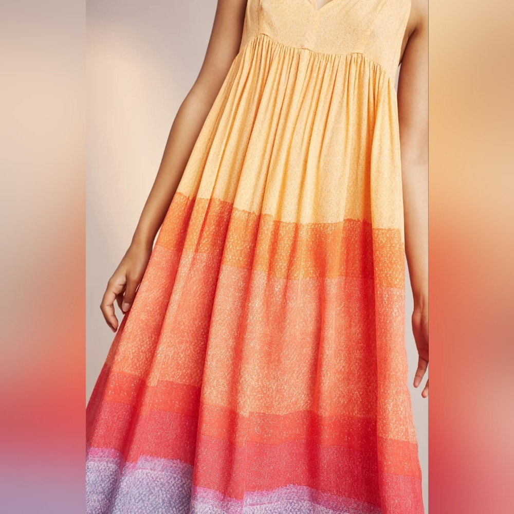 Anthropologie Yellow Orange Red Purple Blue Ombre Maxi Dress - Picture 2 of 9